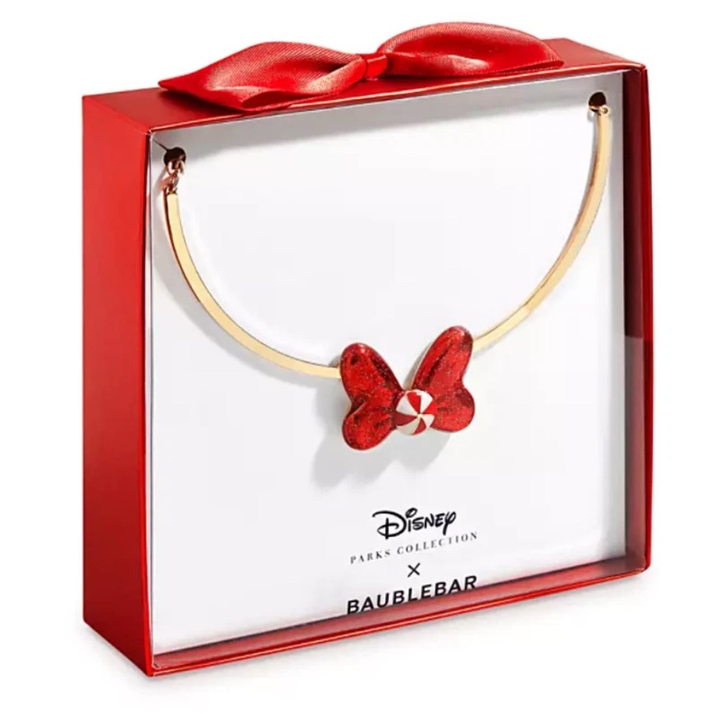 NWT Disney Park Collection x BaubleBar Minnie Mouse Red Bow Necklace Gold